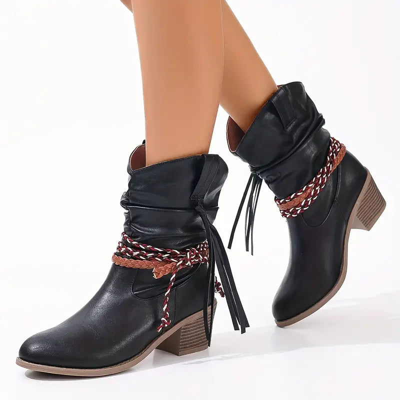 Bottes western femme à talon bloc, bout rond et franges 8