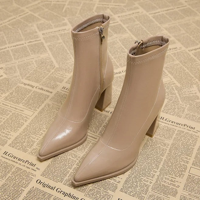 Bottines à talon femme à bout pointu, talon bloc et fermeture éclair 1