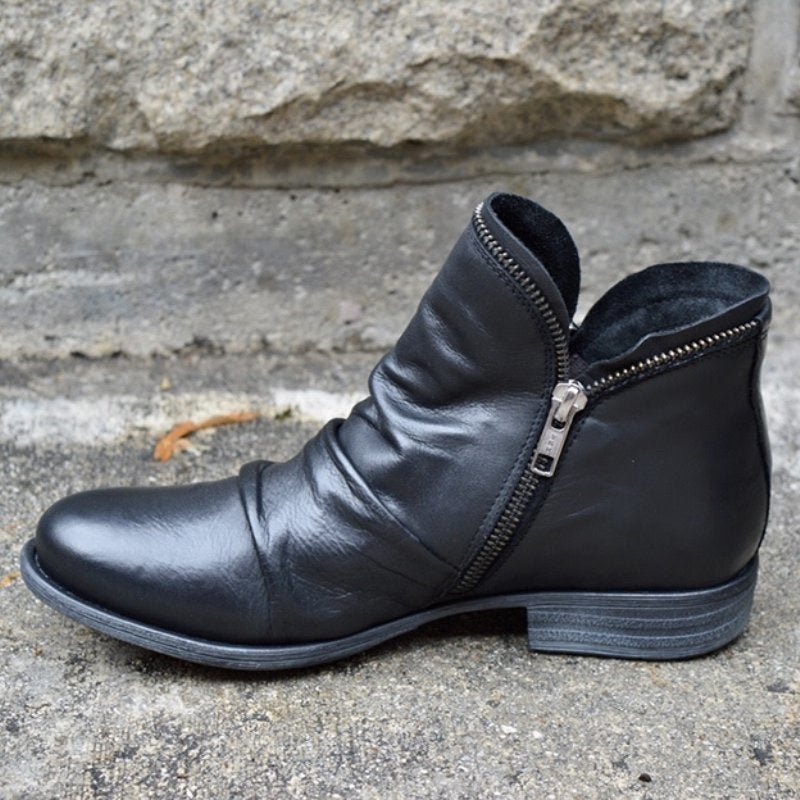 Bottines en cuir femme froncées à talon plat et fermeture éclair 1