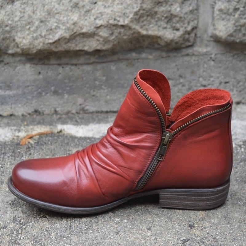 Bottines en cuir femme froncées à talon plat et fermeture éclair 3