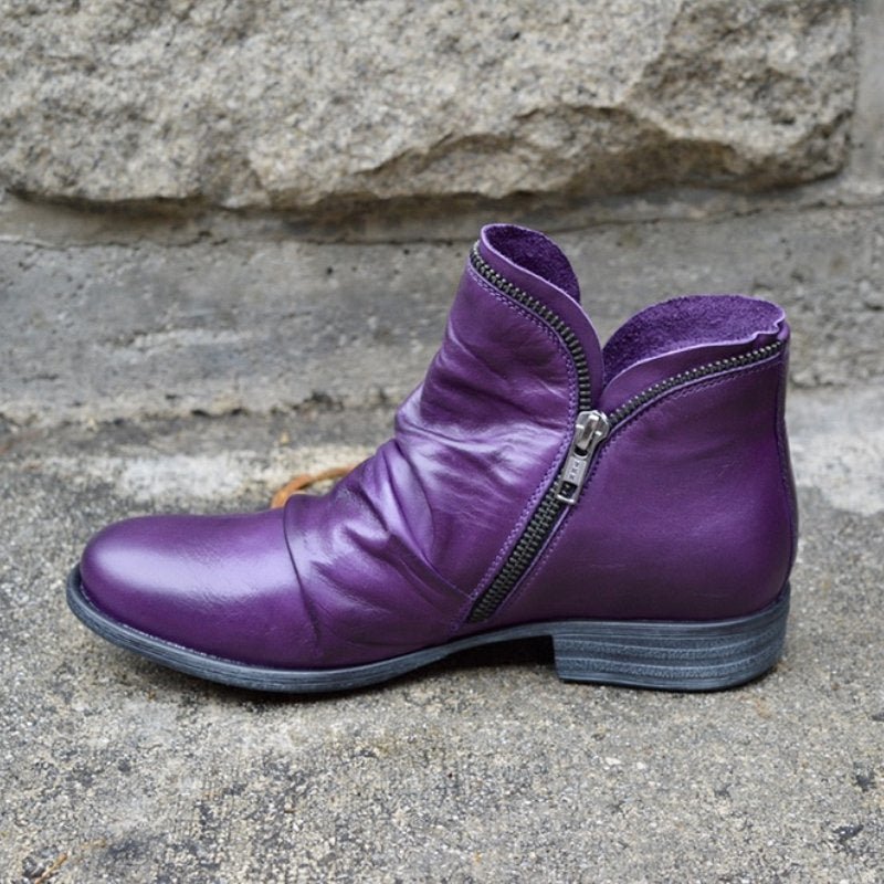 Bottines en cuir femme froncées à talon plat et fermeture éclair 4