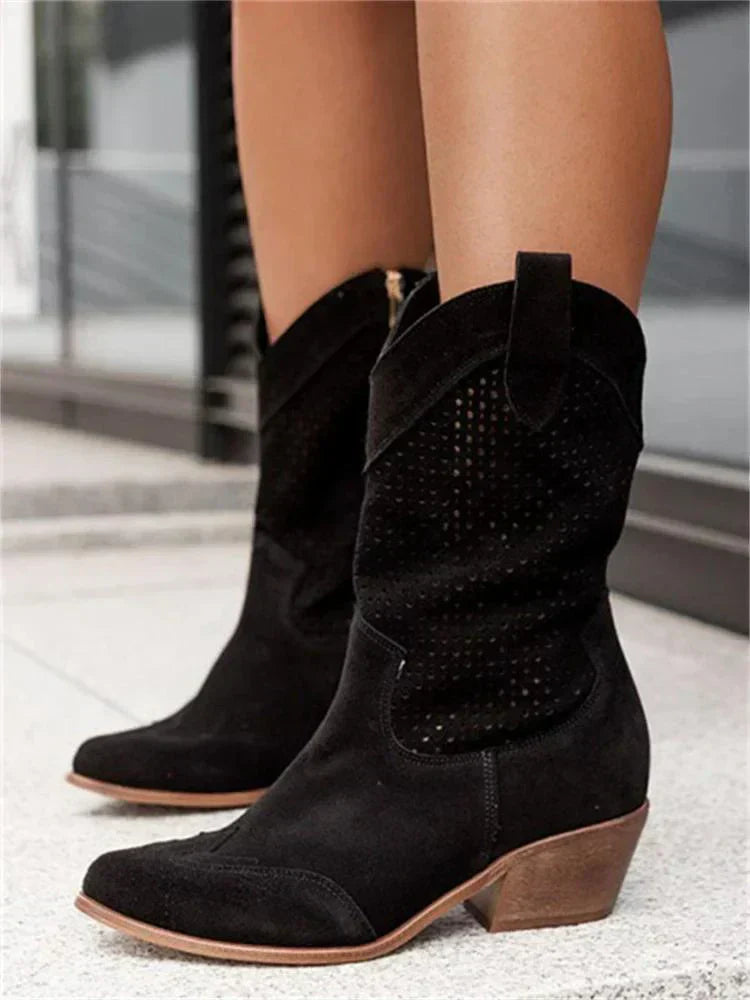 Bottines femme en cuir ajouré style cowboy à bout légèrement pointu et fermeture éclair latérale 2