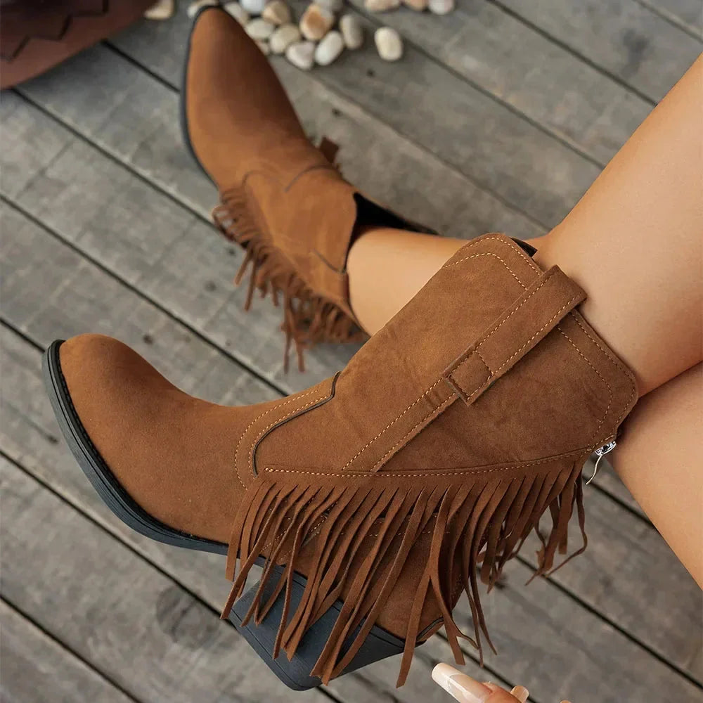 Bottines western femme à franges en daim à bout pointu 1