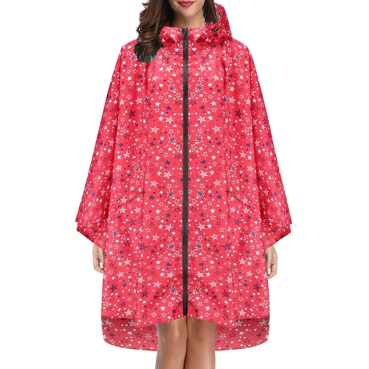 Cape de pluie femme imperméable mi-longue à capuche et fermeture éclair 11