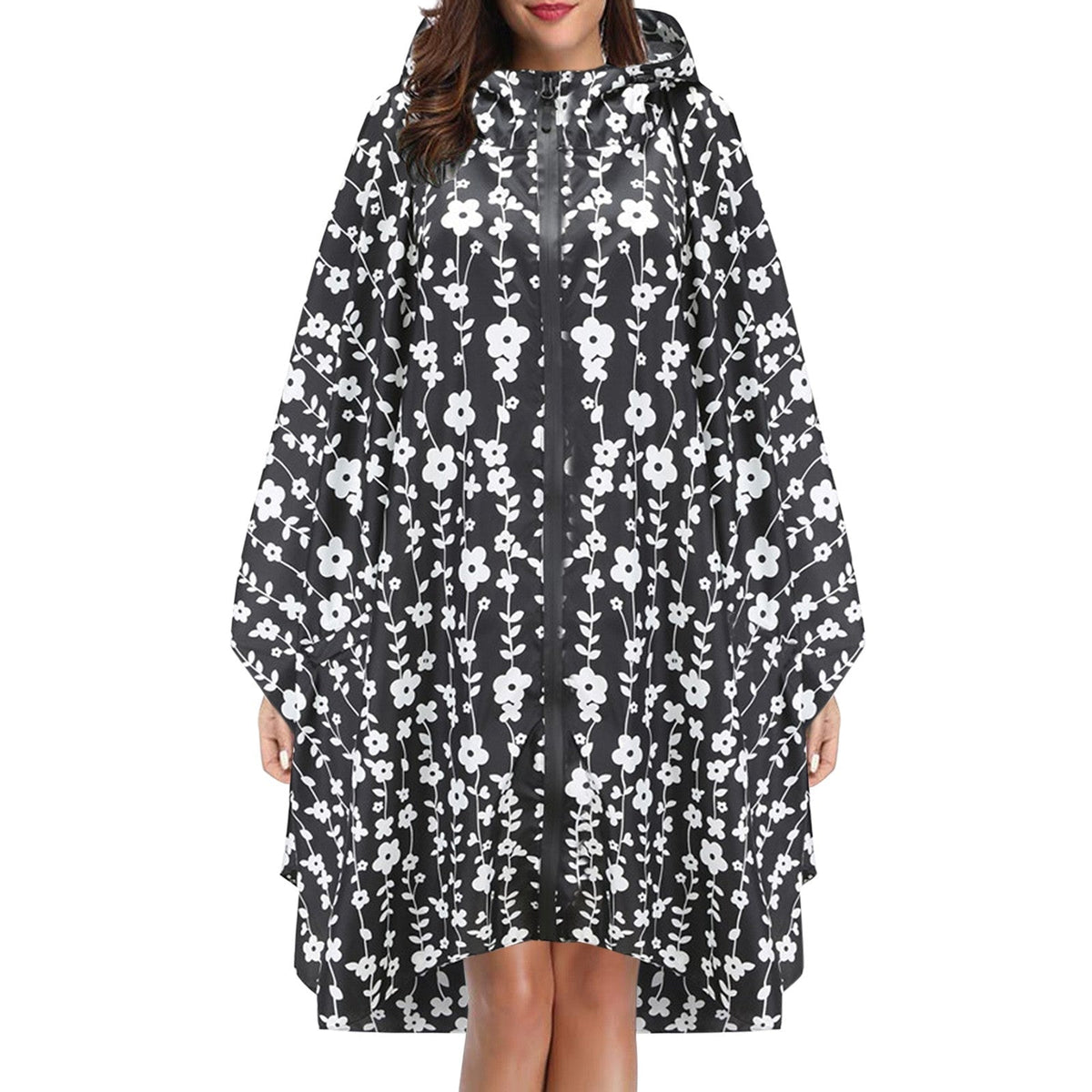 Cape de pluie femme imperméable mi-longue à capuche et fermeture éclair 14