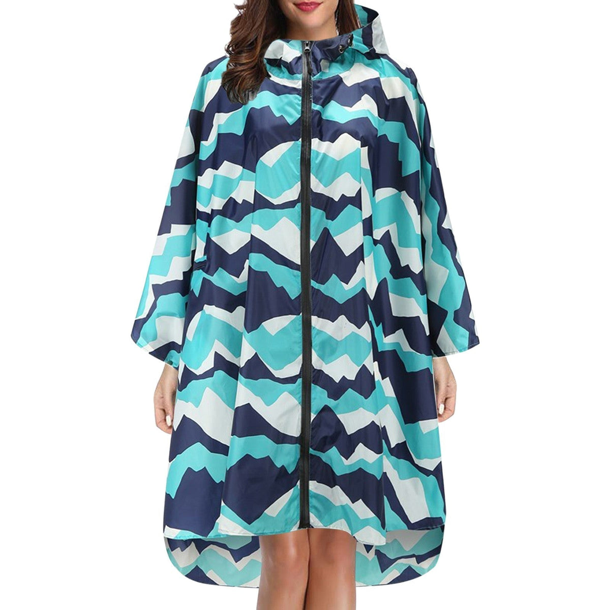 Cape de pluie femme imperméable mi-longue à capuche et fermeture éclair 3