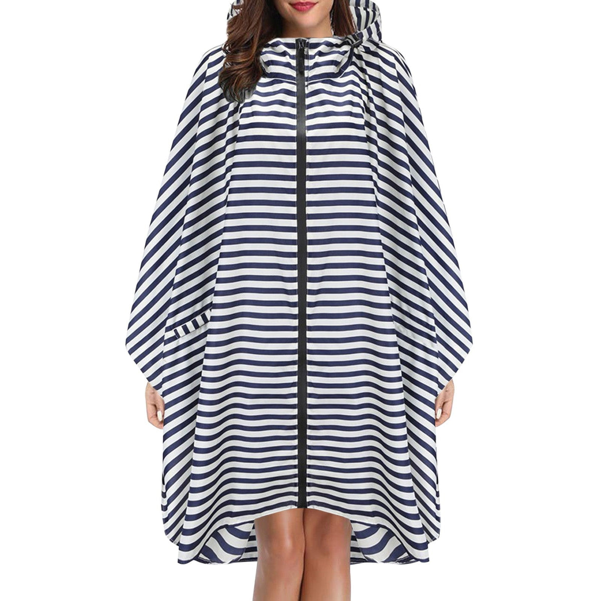 Cape de pluie femme imperméable mi-longue à capuche et fermeture éclair 5