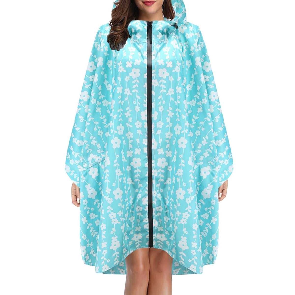 Cape de pluie femme imperméable mi-longue à capuche et fermeture éclair 8