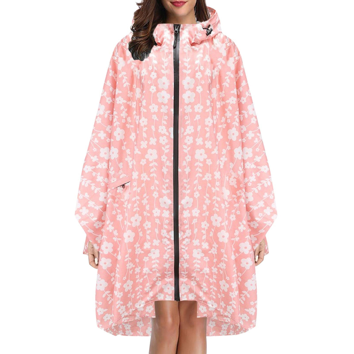 Cape de pluie femme imperméable mi-longue à capuche et fermeture éclair 9