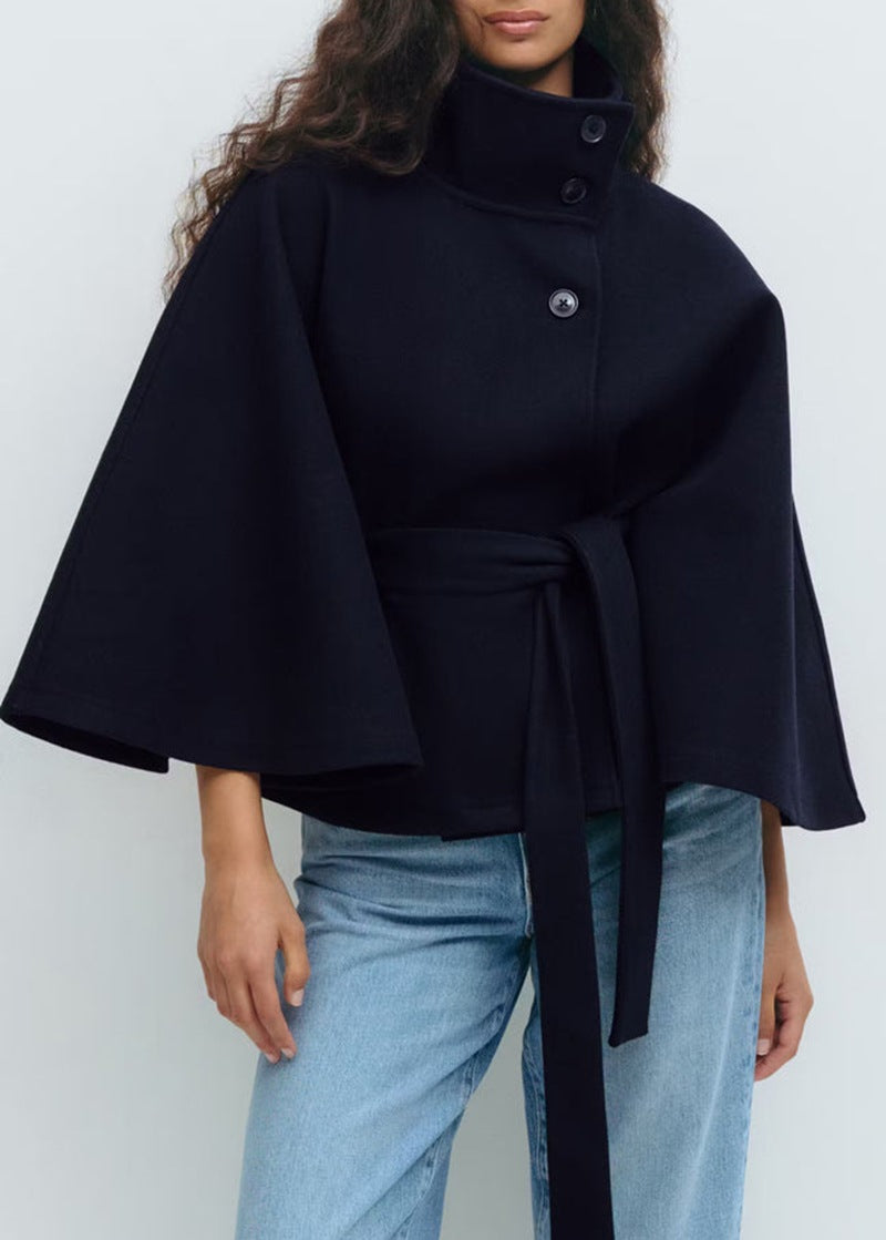 Cape en laine femme à ceinture et col montant 7