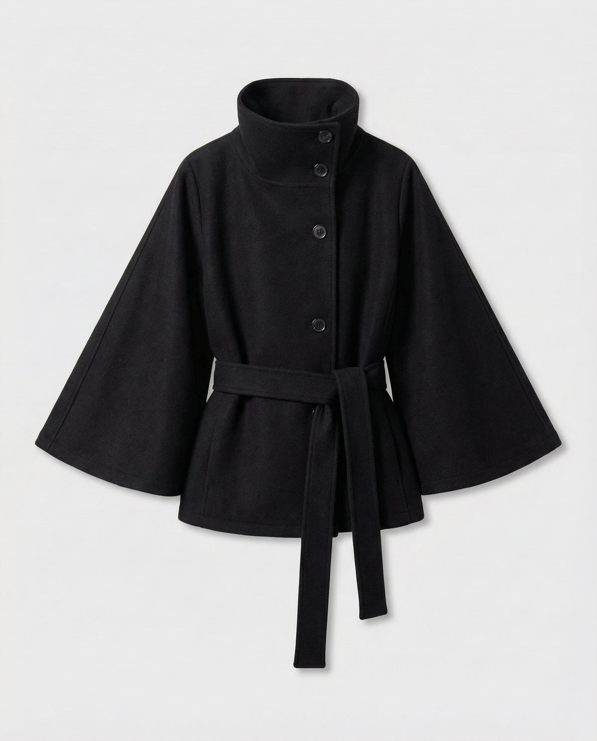 Cape femme en laine ceinturée à col montant et boutonnage asymétrique 1