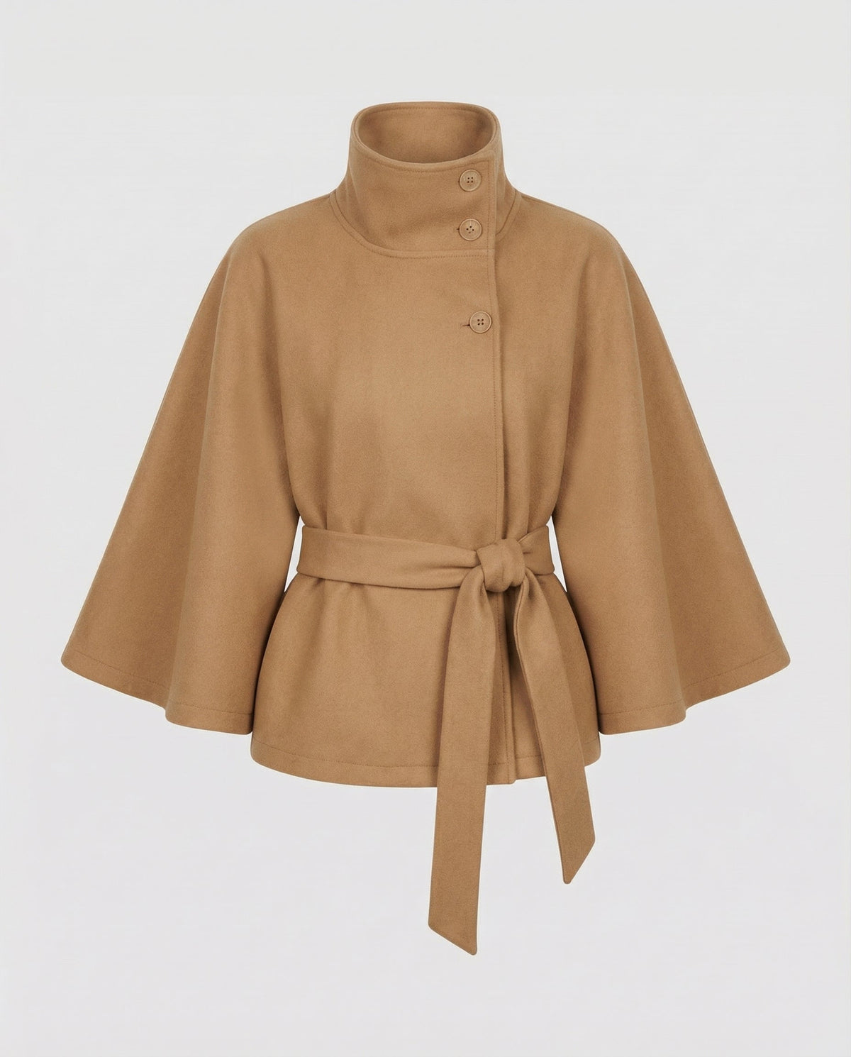 Cape femme en laine ceinturée à col montant et boutonnage asymétrique 2