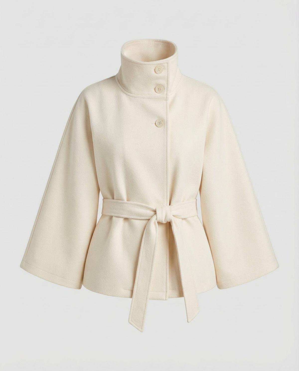 Cape femme en laine ceinturée à col montant et boutonnage asymétrique 4