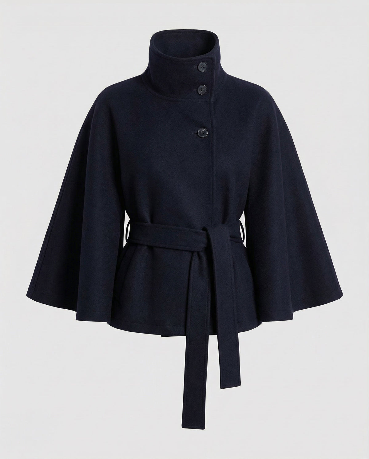 Cape femme en laine ceinturée à col montant et boutonnage asymétrique 5