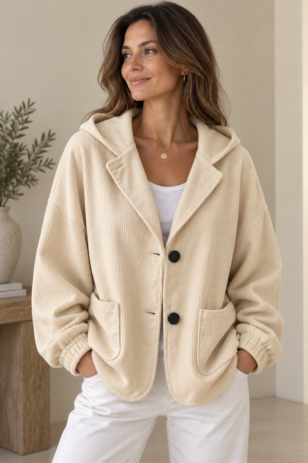 Cardigan femme à capuche en velours côtelé coupe oversize 1