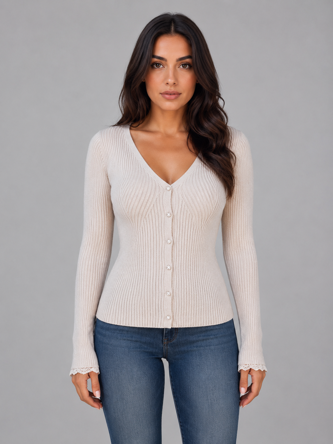 Cardigan femme ajusté en maille côtelée à col V 1