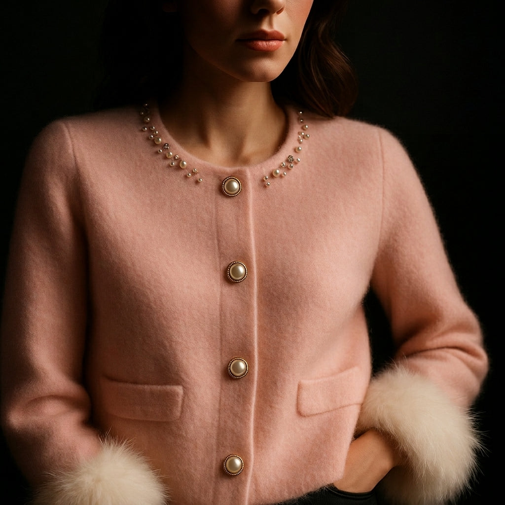 Cardigan femme en laine à boutons perlés et poignets en fausse fourrure 1
