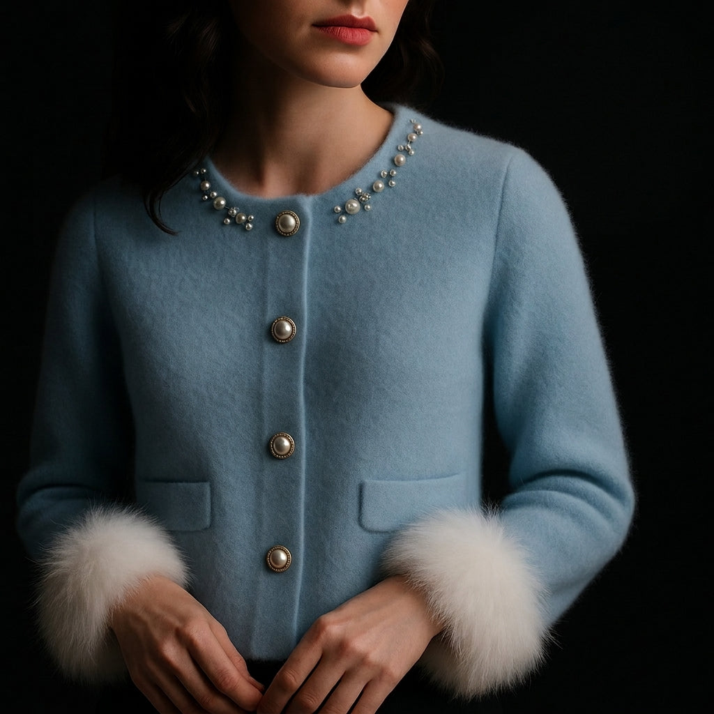 Cardigan femme en laine à boutons perlés et poignets en fausse fourrure 2