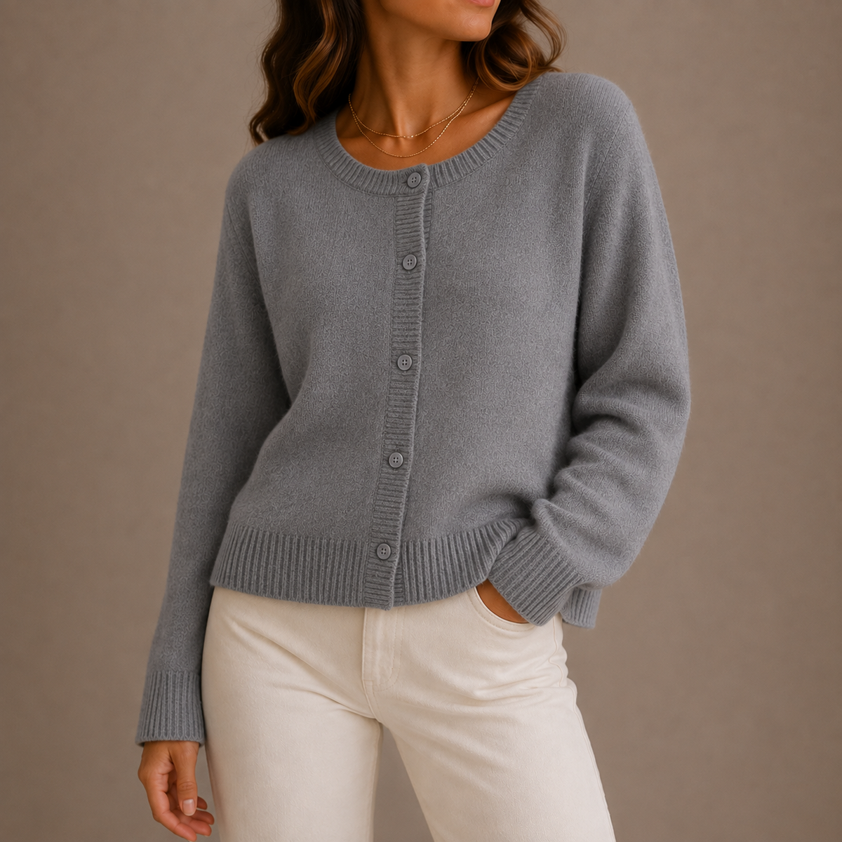 Cardigan femme en maille à col rond boutonné 1