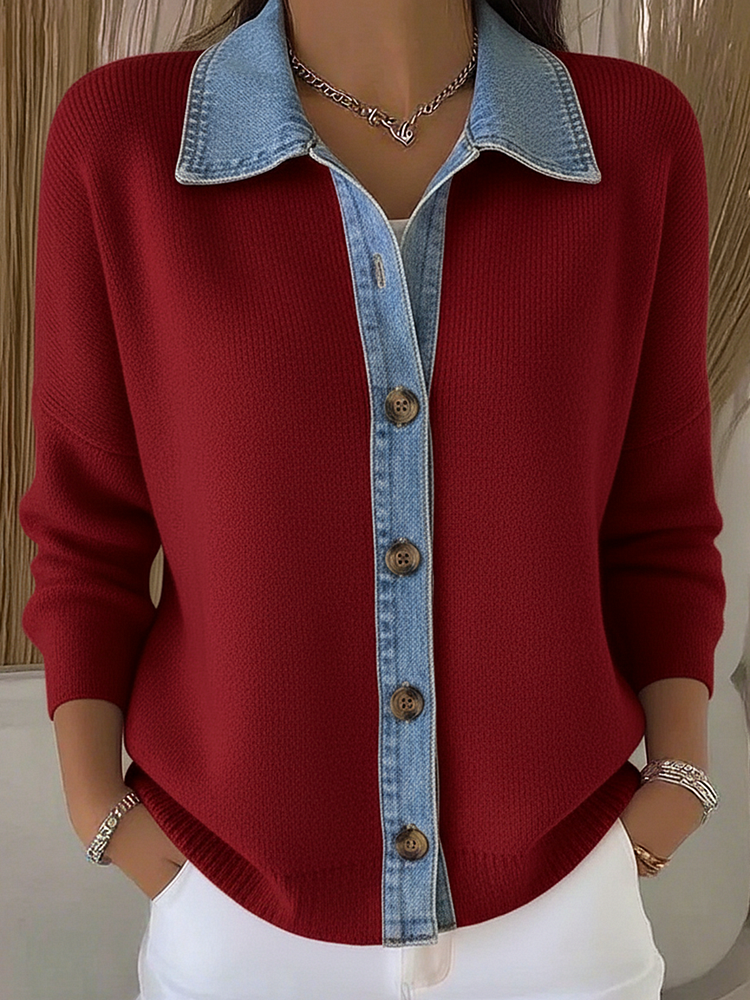 Cardigan femme en maille boutonné à col polo et empiècements en denim 1