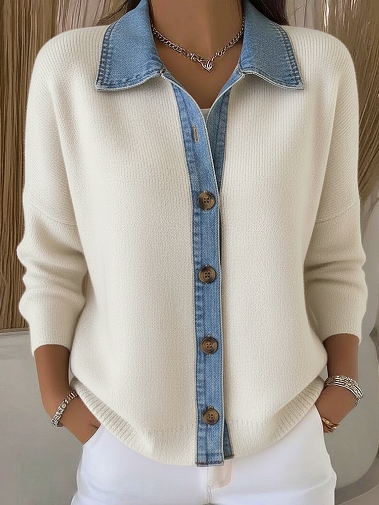 Cardigan femme en maille boutonné à col polo et empiècements en denim 2
