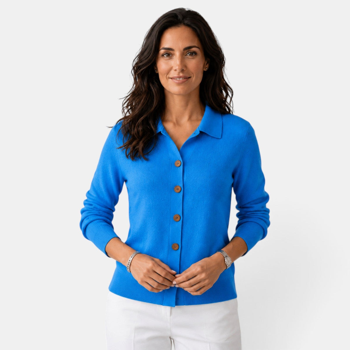 Cardigan femme en maille côtelée boutonné à col chemise 11