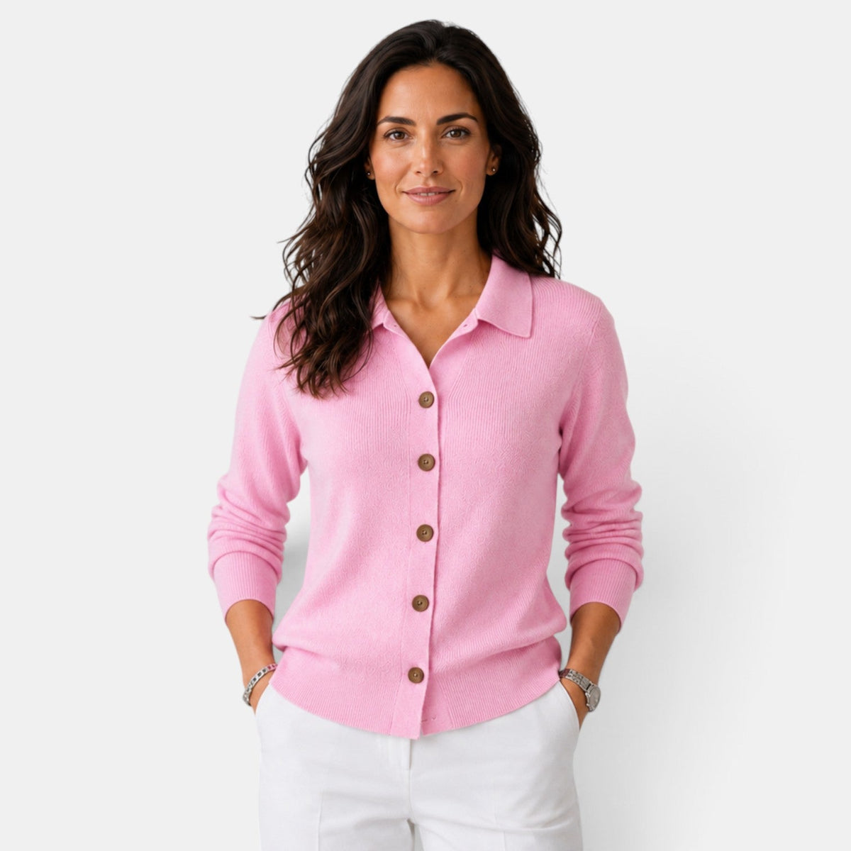 Cardigan femme en maille côtelée boutonné à col chemise 14