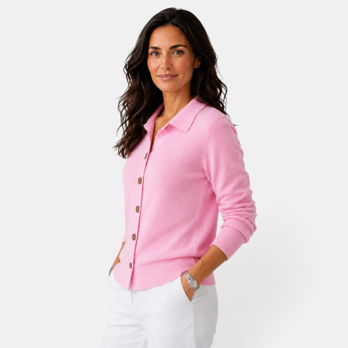 Cardigan femme en maille côtelée boutonné à col chemise 15