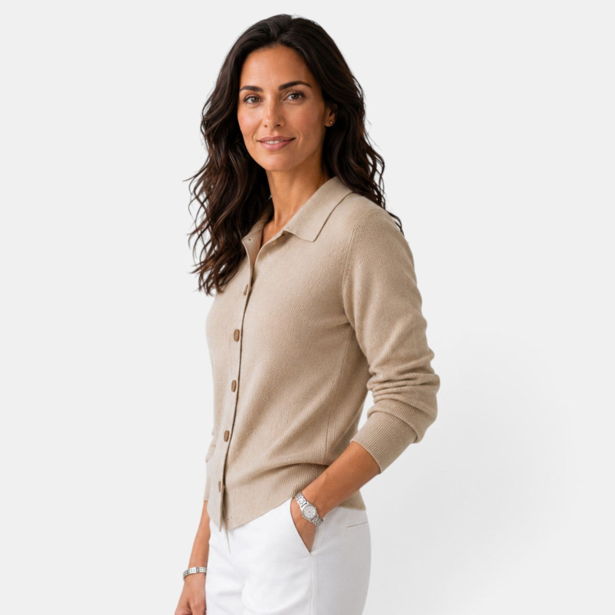 Cardigan femme en maille côtelée boutonné à col chemise 2