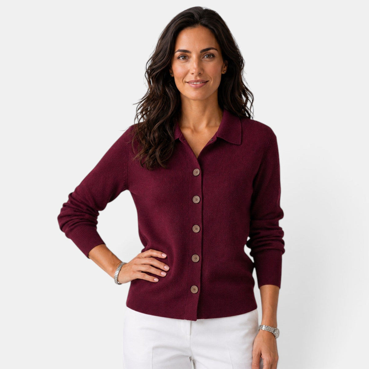 Cardigan femme en maille côtelée boutonné à col chemise 8