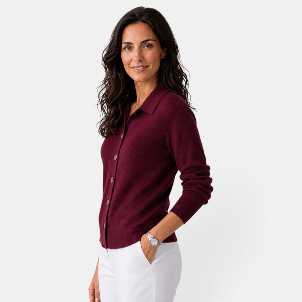 Cardigan femme en maille côtelée boutonné à col chemise 9