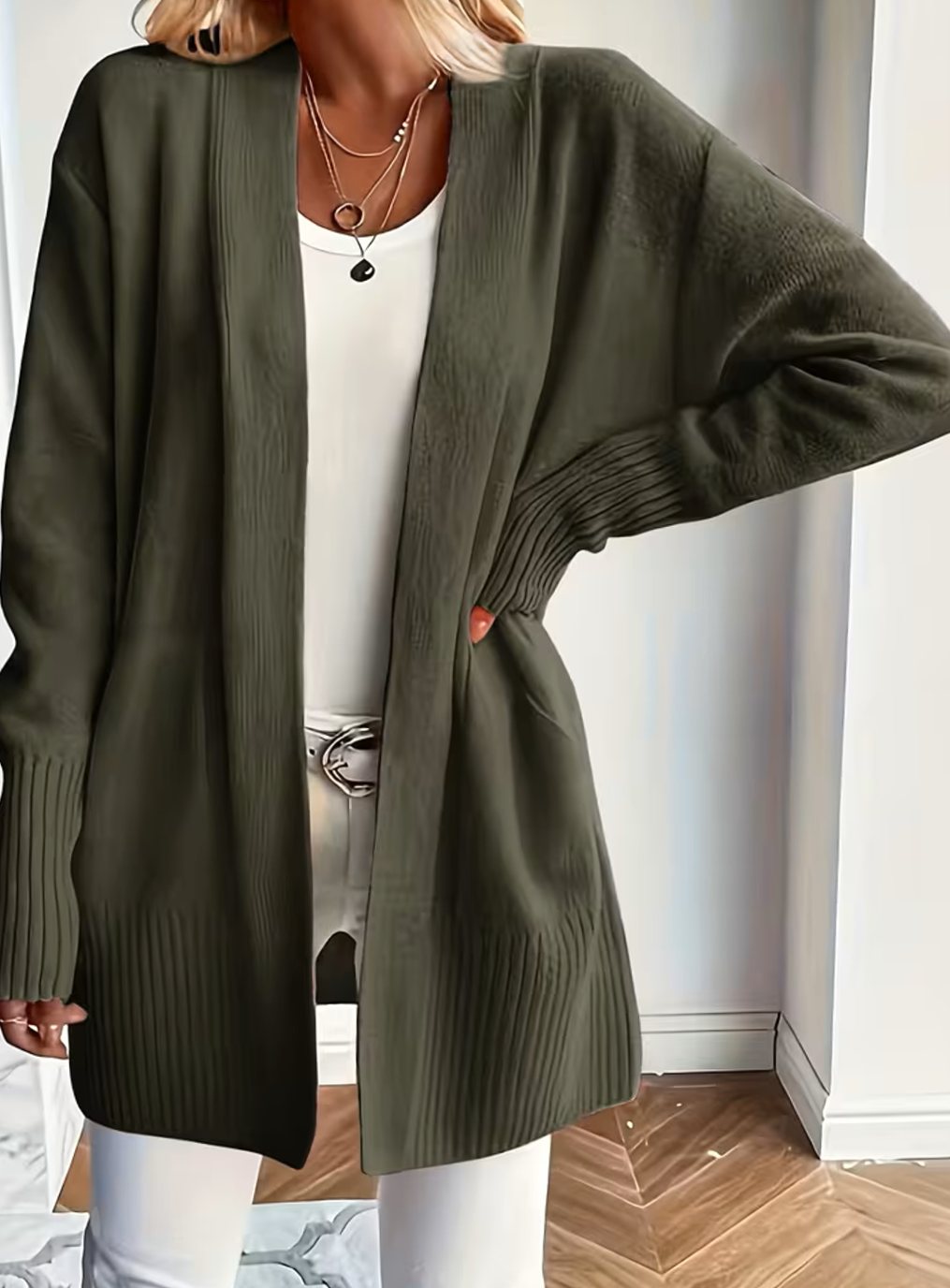 Cardigan femme oversize ouvert en maille côtelée à poches 10