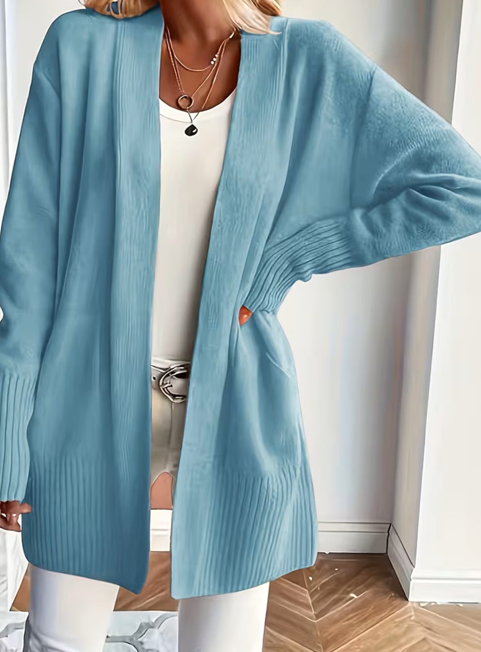 Cardigan femme oversize ouvert en maille côtelée à poches 11