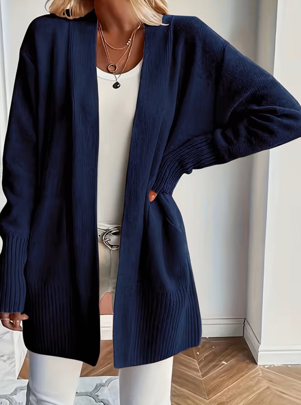 Cardigan femme oversize ouvert en maille côtelée à poches 12