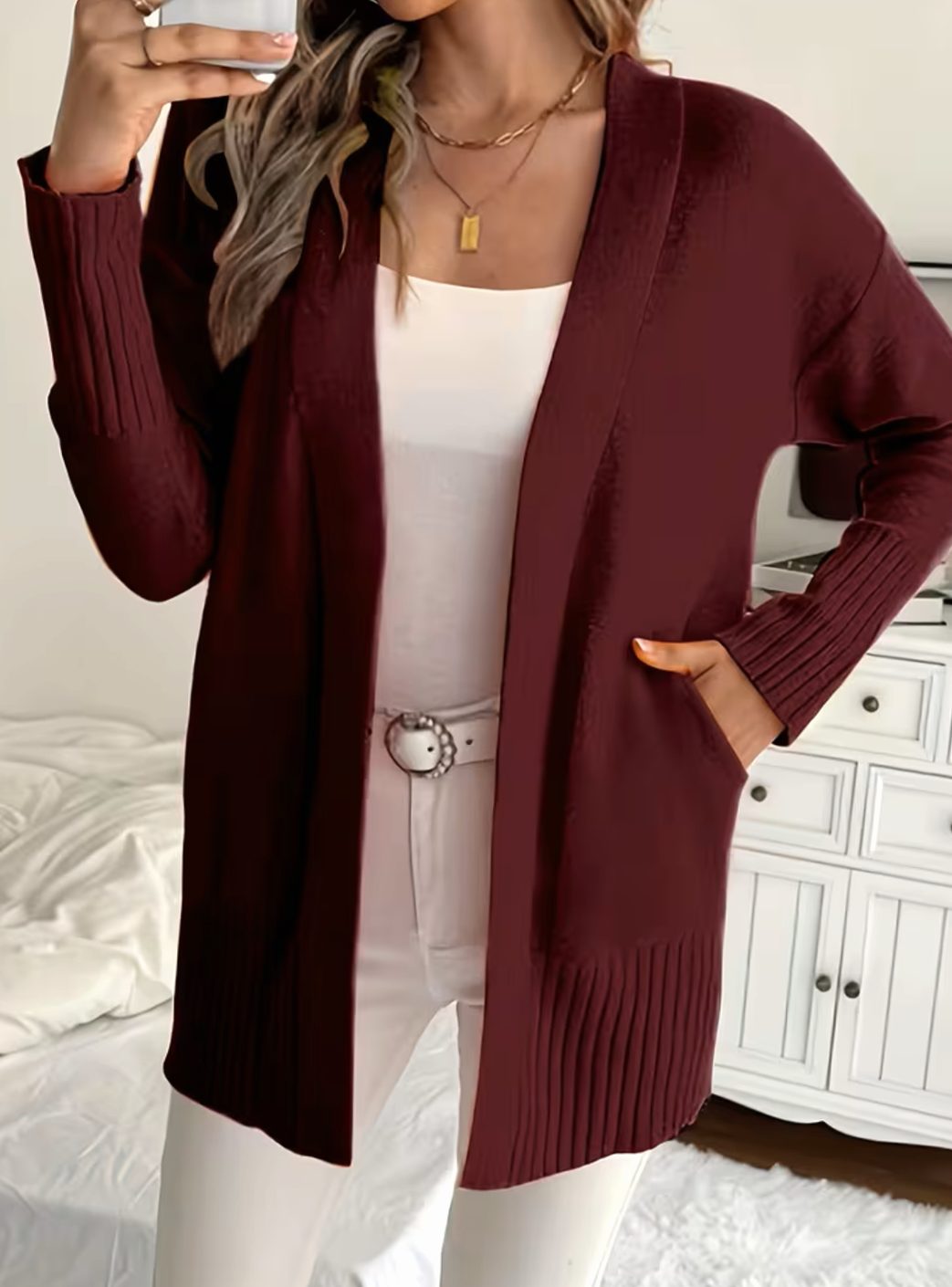 Cardigan femme oversize ouvert en maille côtelée à poches 13