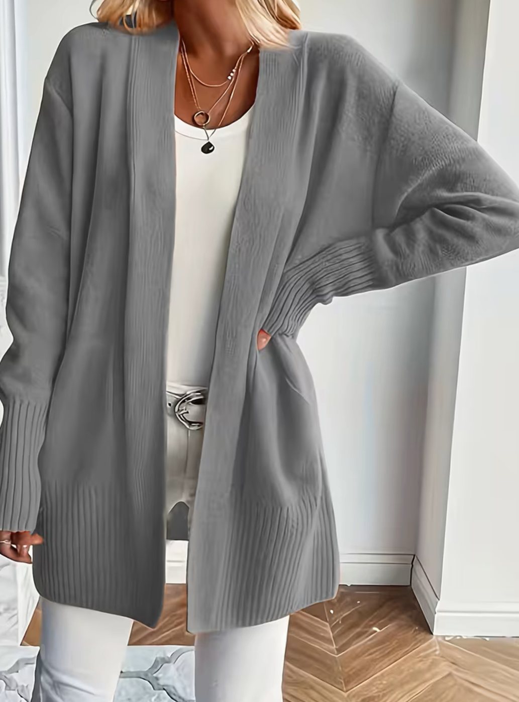 Cardigan femme oversize ouvert en maille côtelée à poches 17