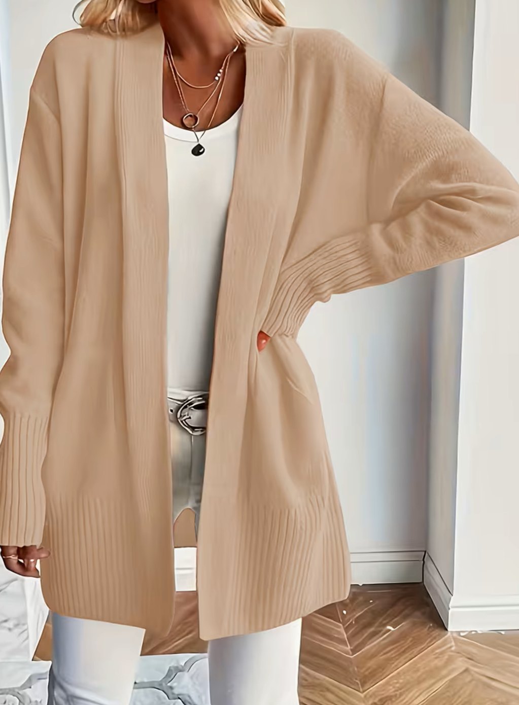 Cardigan femme oversize ouvert en maille côtelée à poches 2