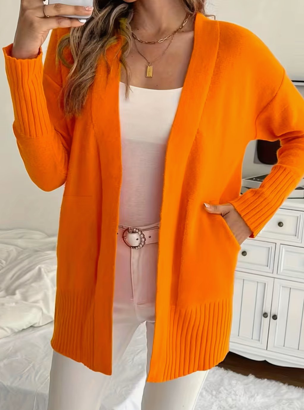 Cardigan femme oversize ouvert en maille côtelée à poches 7