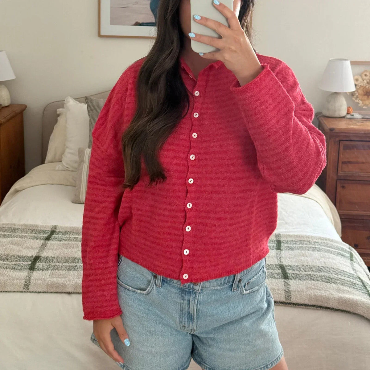 Cardigan femme rayé boutonné à col montant et manches longues 6