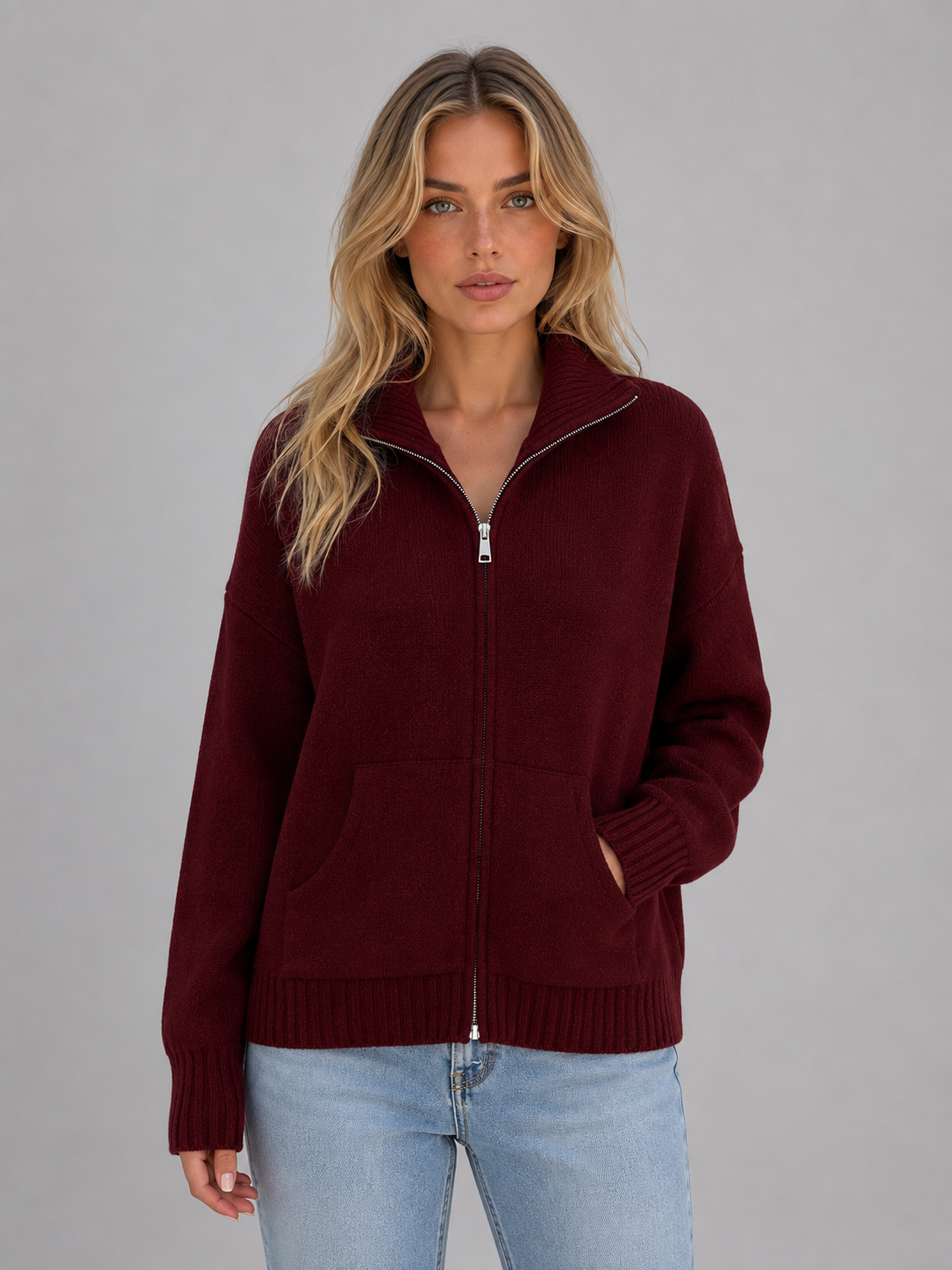 Cardigan femme zippé en maille à col cheminée 3