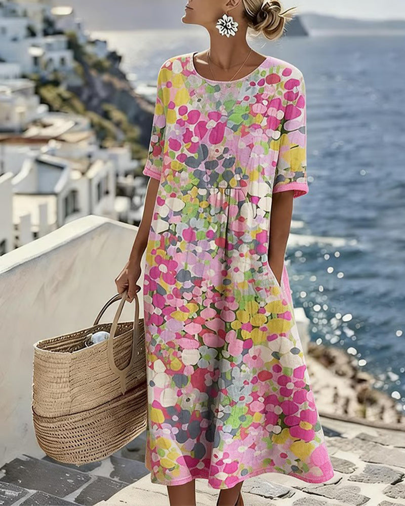 Robe midi femme en coton et lin à imprimé floral, poches et manches courtes