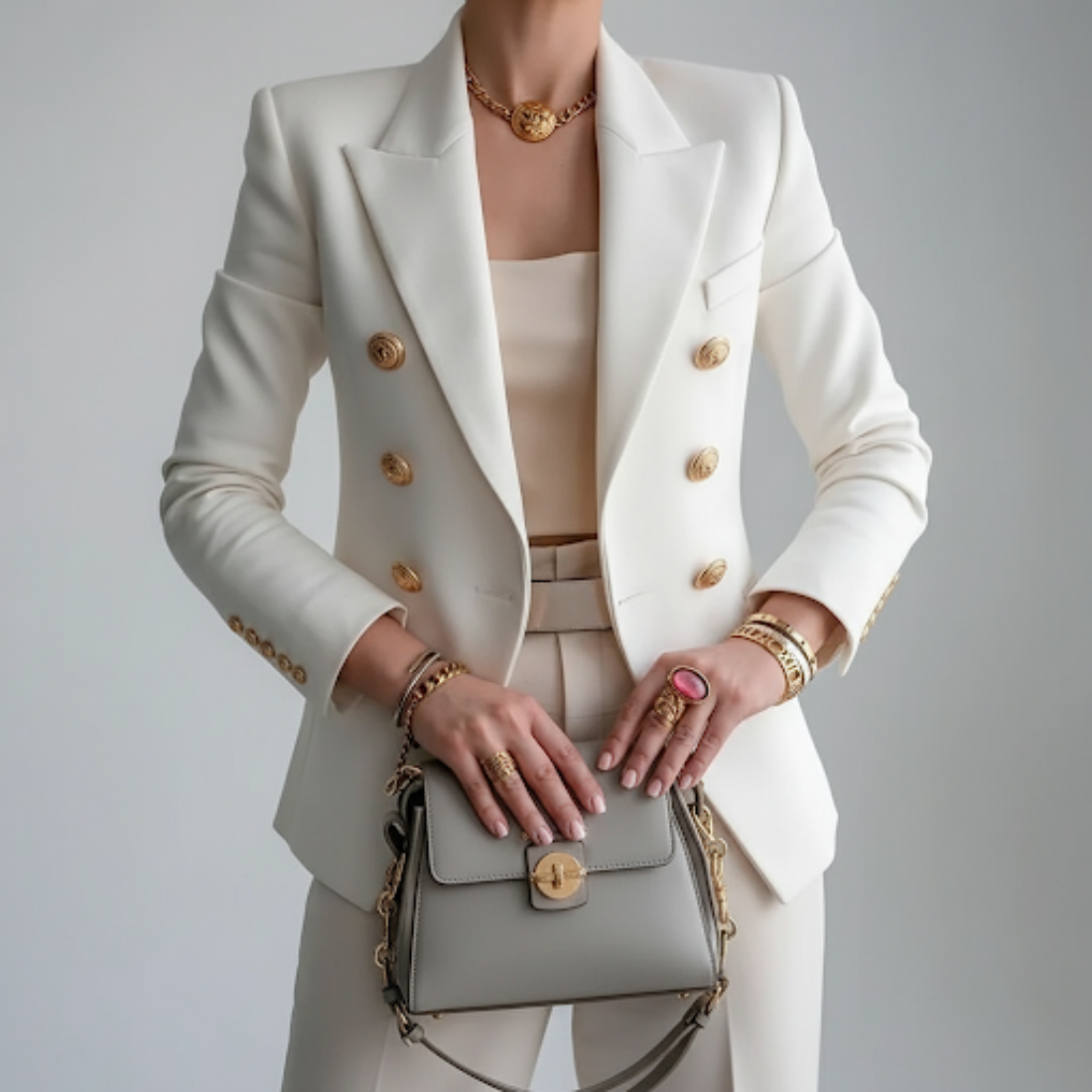 Blazer femme cintré croisé à boutons dorés, col à revers et manches longues 1