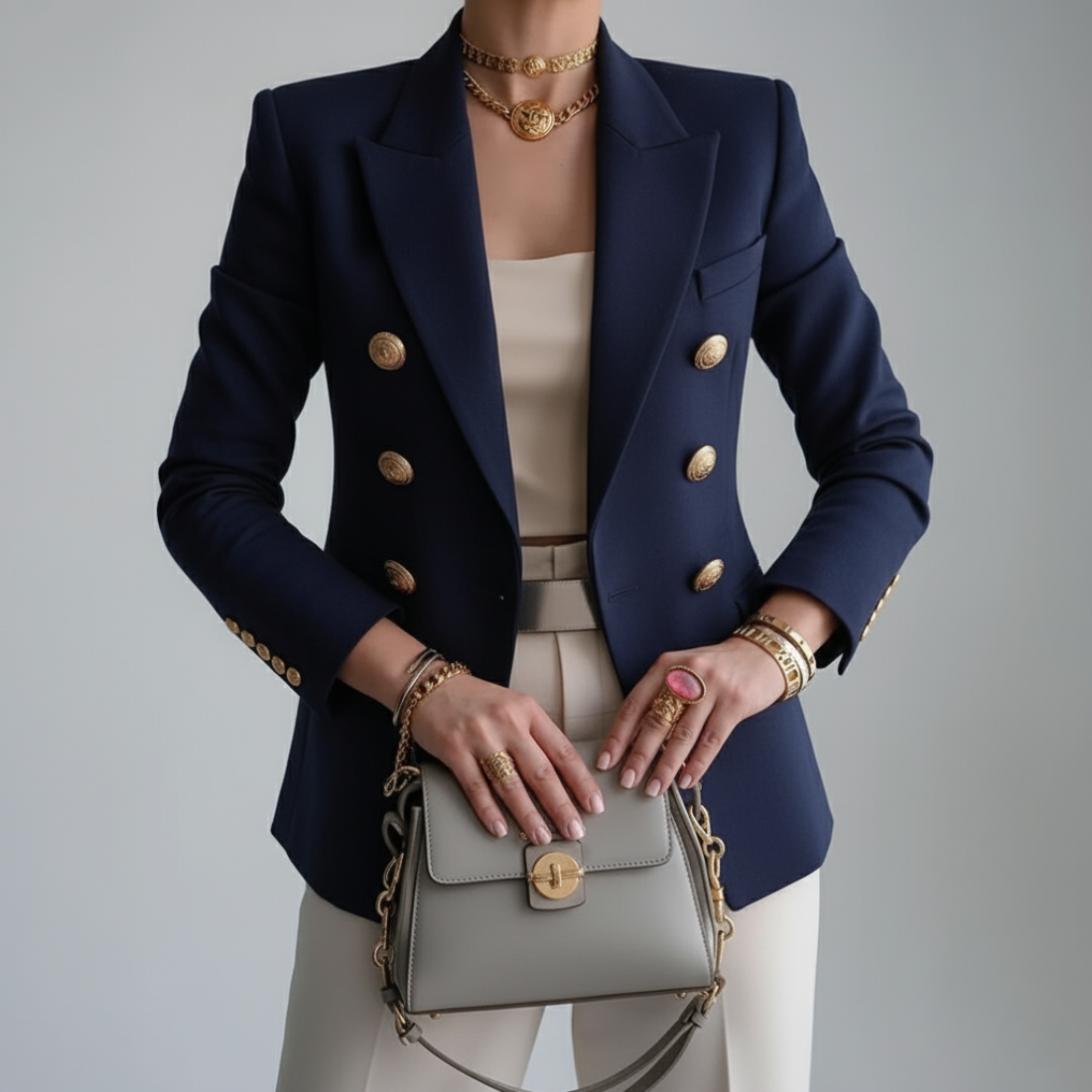 Blazer femme cintré croisé à boutons dorés, col à revers et manches longues 2