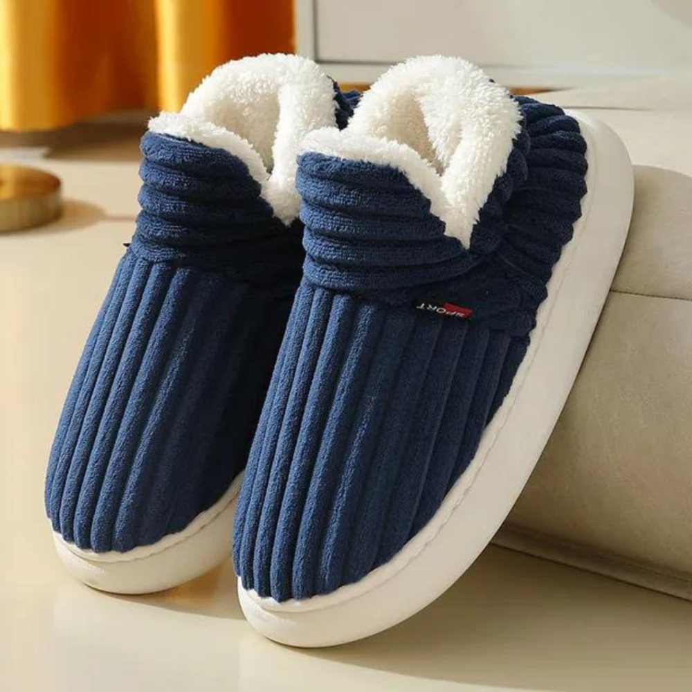 Chaussons femme côtelés à col fourré intérieur doublé 1