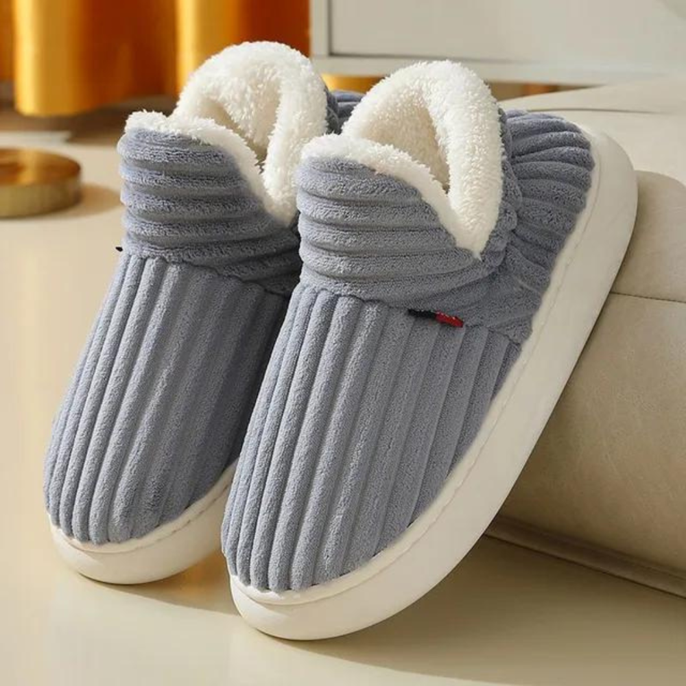 Chaussons femme côtelés à col fourré intérieur doublé 2