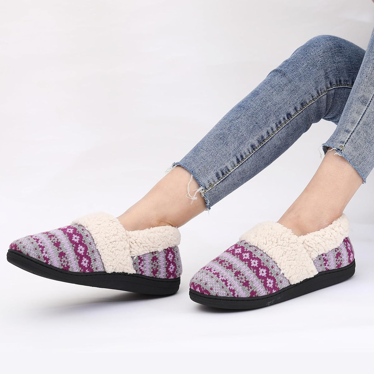 Chaussons femme en maille jacquard à col fourré semelle robuste 17