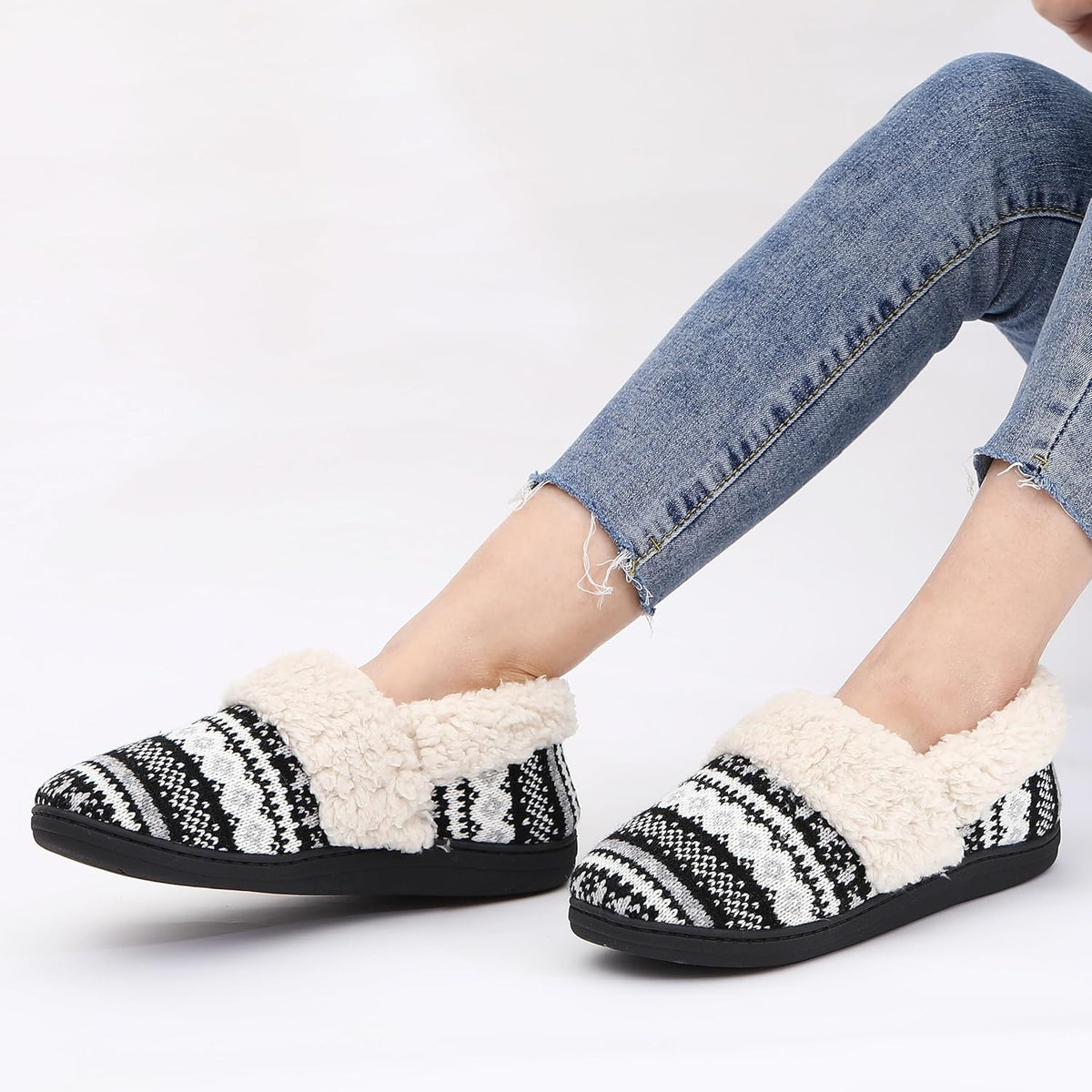 Chaussons femme en maille jacquard à col fourré semelle robuste 23