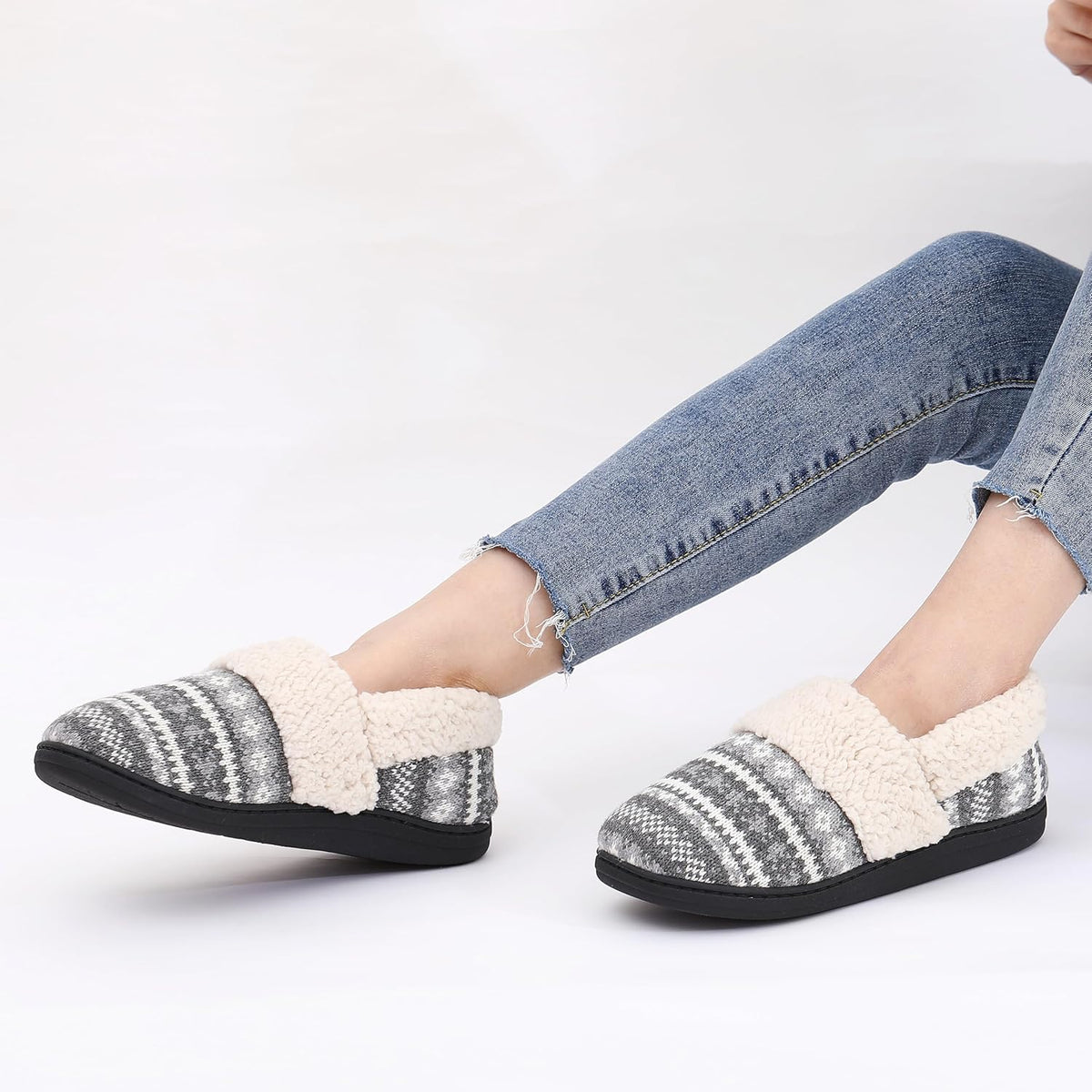 Chaussons femme en maille jacquard à col fourré semelle robuste 28