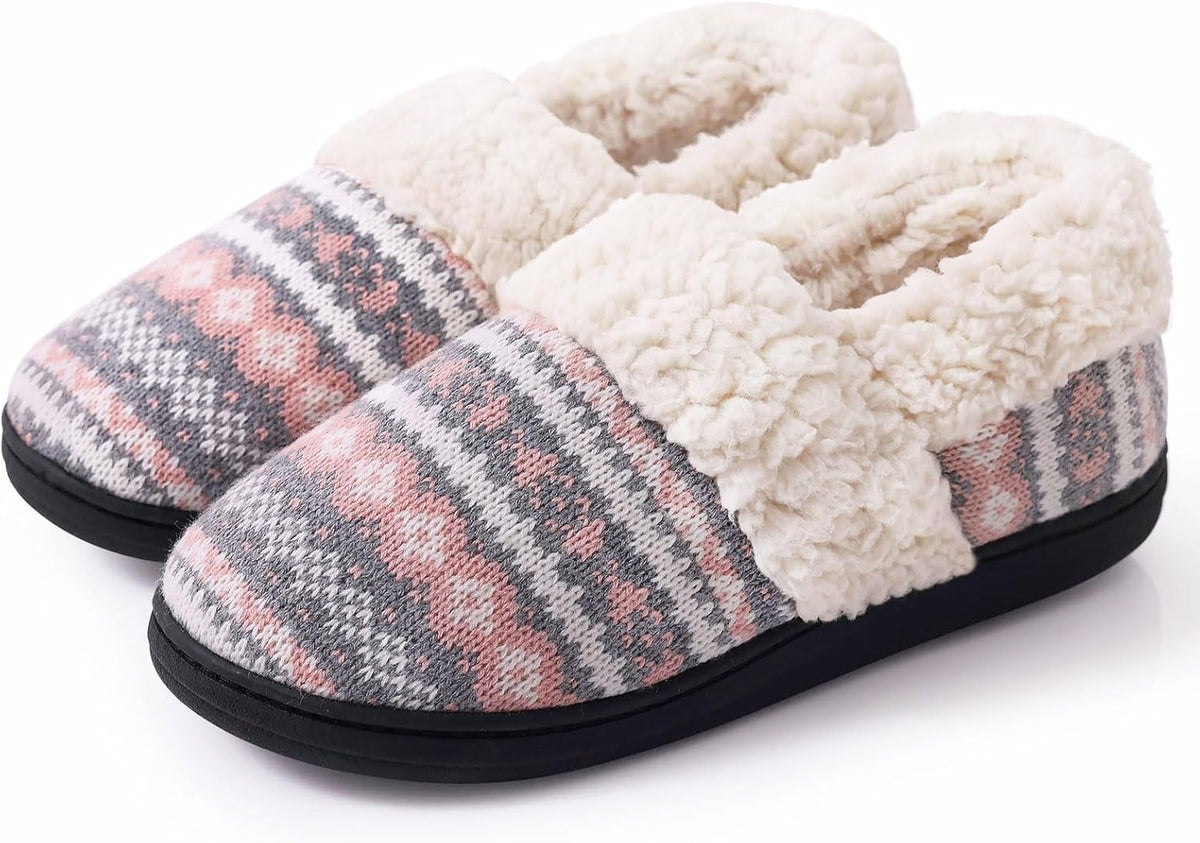 Chaussons femme en maille jacquard à col fourré semelle robuste 4