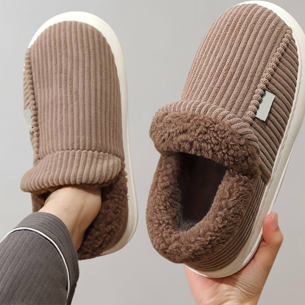 Chaussons femme mules côtelés à col fourré semelle plateforme 2